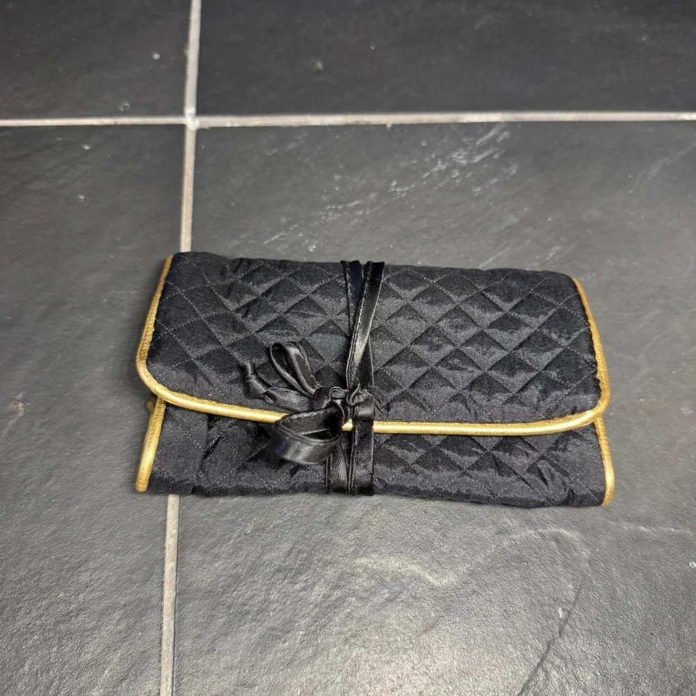 Schildkraut Black Quilted Jewelry Roll Travel Organizer Gold Trim Ribbon Tie